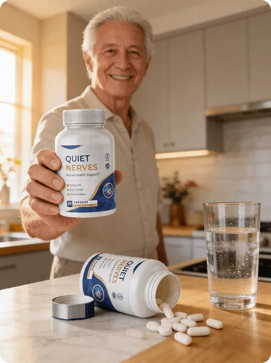 An older man taking his daily Quiet Nerves capsule with a glass of water in his kitchen