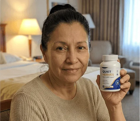 Maria holding her bottle of Quiet Nerves