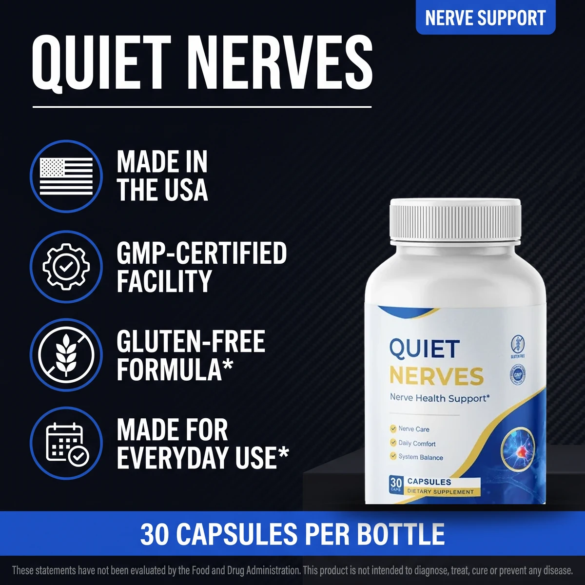 Quiet Nerves nerve-support formula, 30 capsules, made in the USA in a GMP-certified facility
